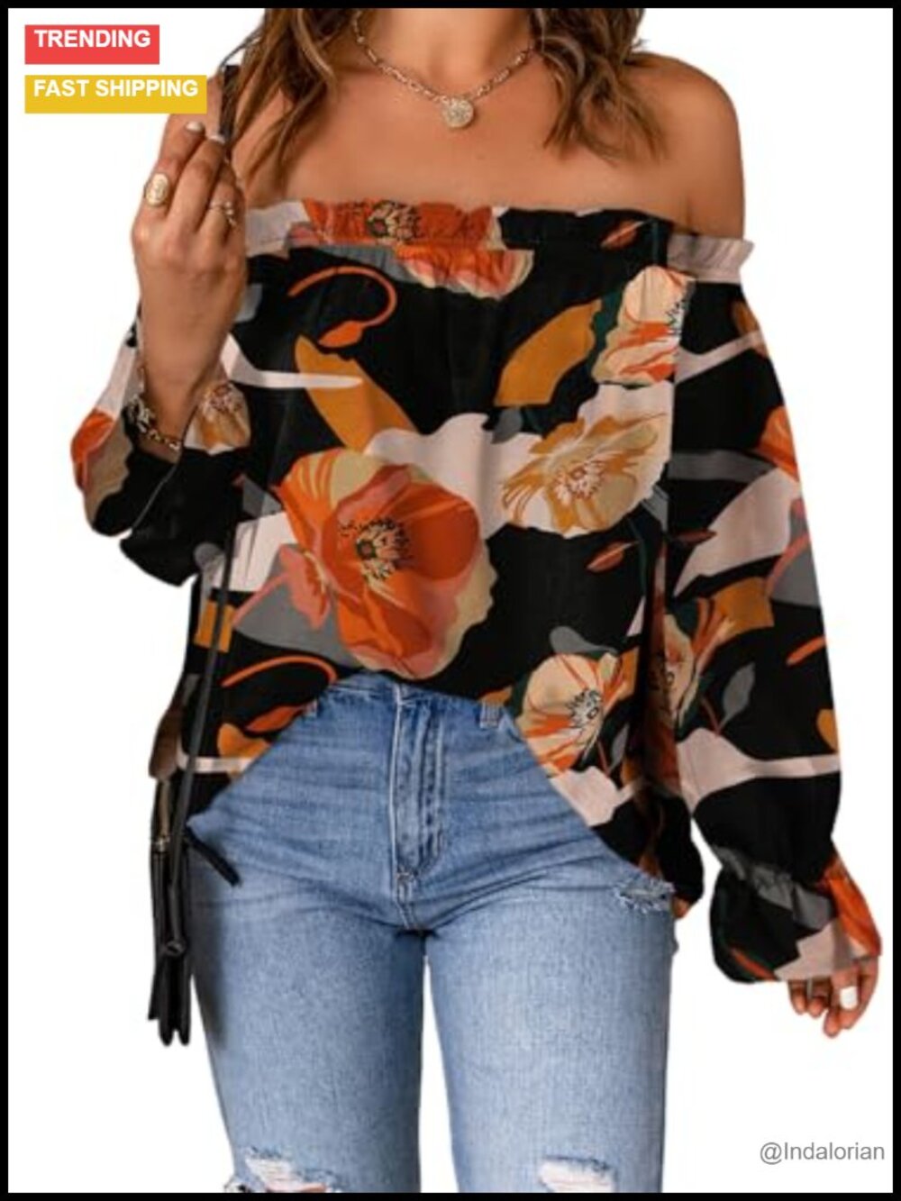 Off Shoulder Ruffle Chiffon Blouse Long Sleeve Loose Fit Casual Top